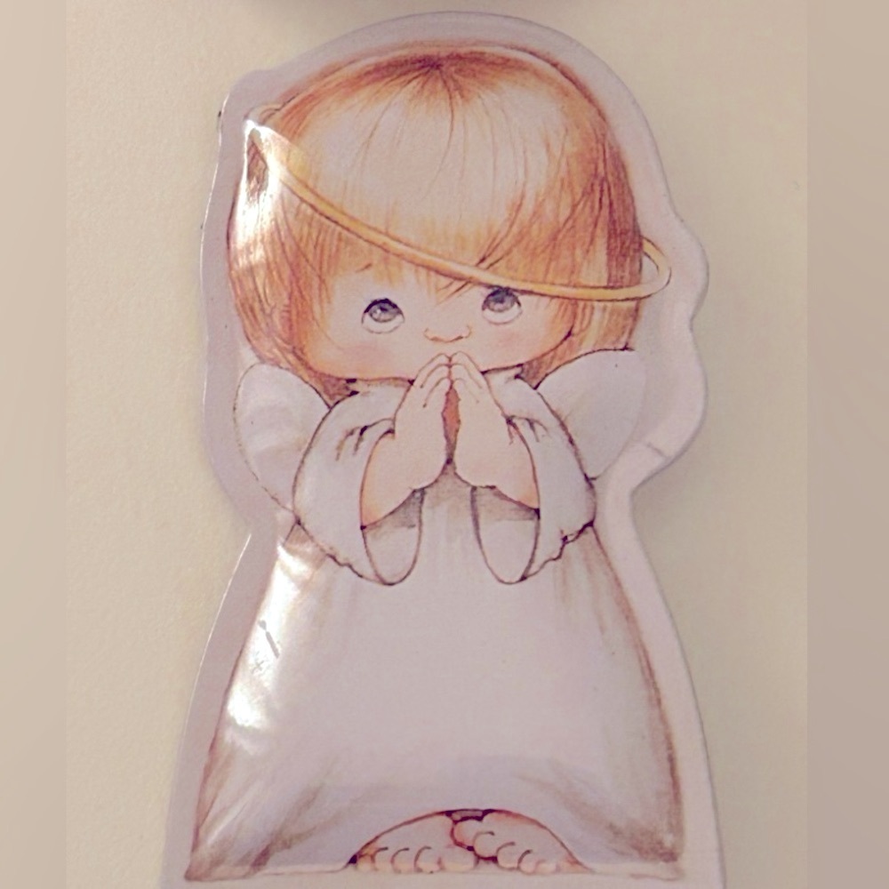 Vintage Angel Pin Metal puffy,  hollow, barefoot praying girl white blue yellow